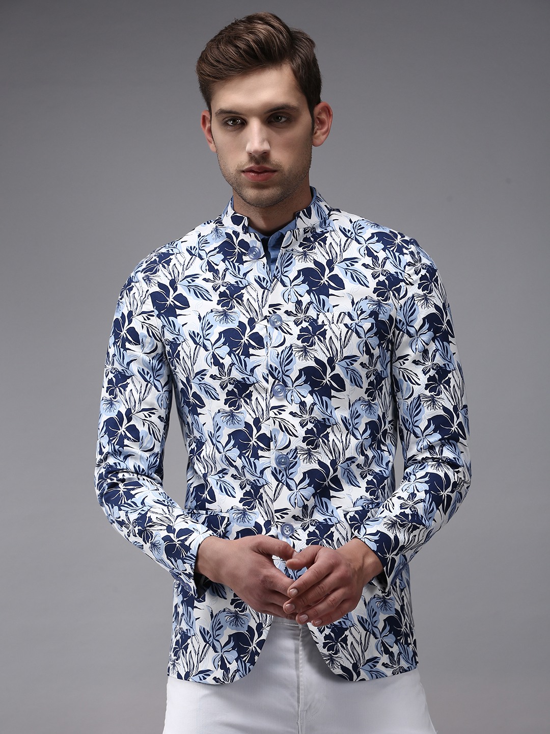 SHOWOFF Men White Printed  Mandarin Collar Full Sleeves Open Front Blazer