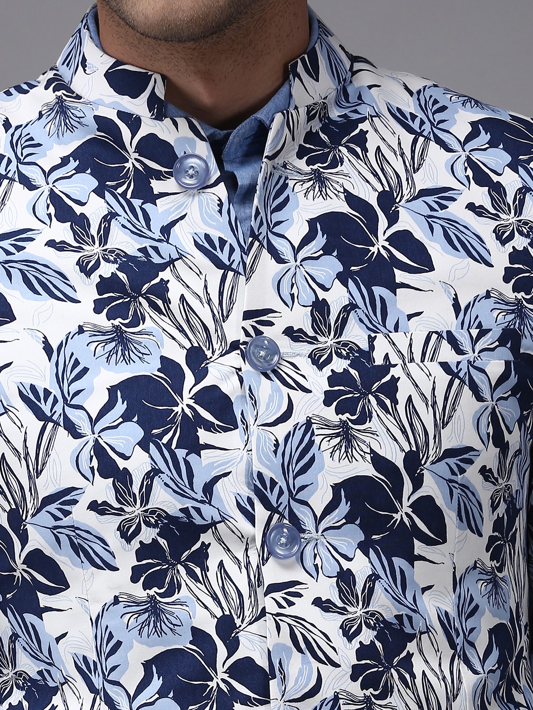 SHOWOFF Men White Printed  Mandarin Collar Full Sleeves Open Front Blazer