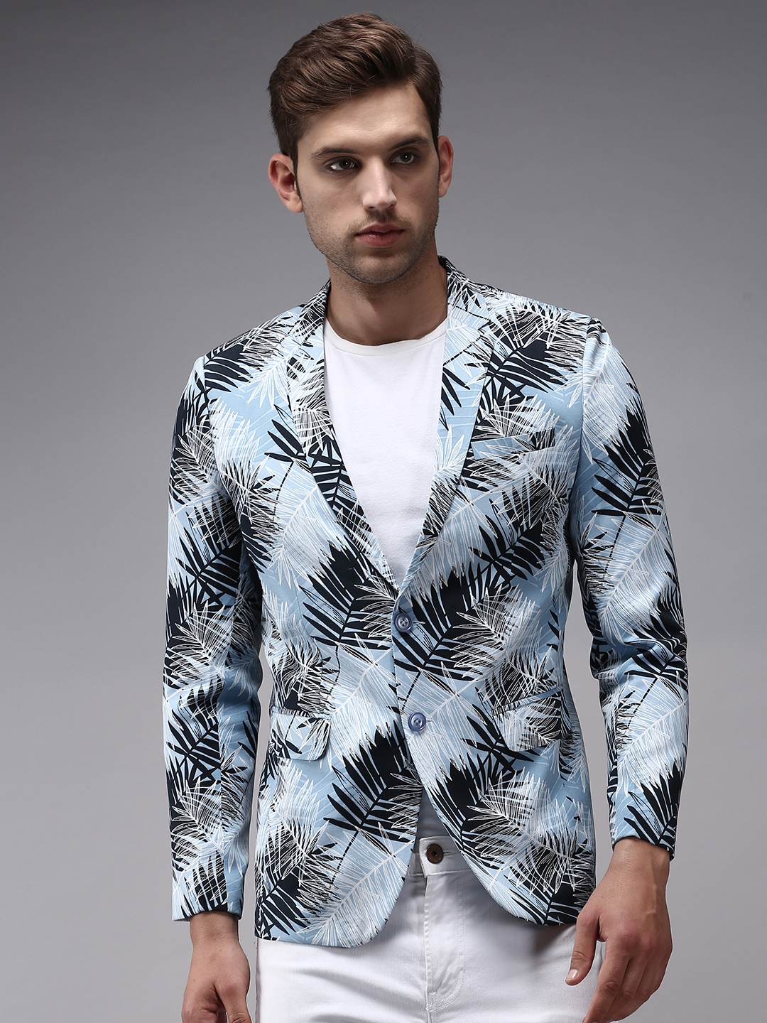 Showoff | SHOWOFF Men's Mandarin Collar Blue Printed Blazer 1