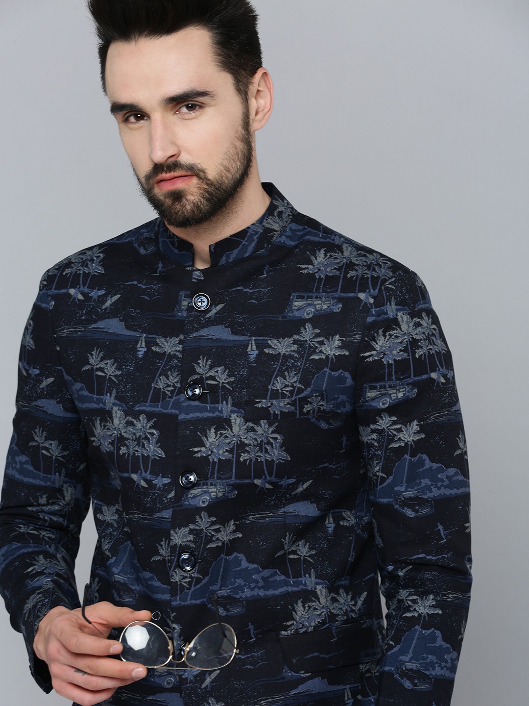 SHOWOFF Men's Mandarin Collar Navy Blue Printed Blazer