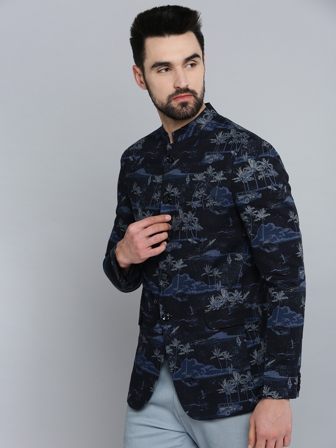 SHOWOFF Men's Mandarin Collar Navy Blue Printed Blazer