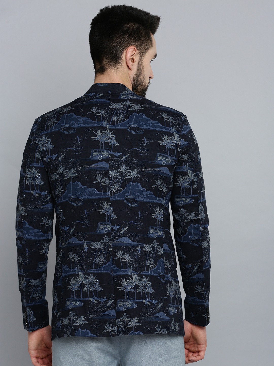 SHOWOFF Men's Mandarin Collar Navy Blue Printed Blazer