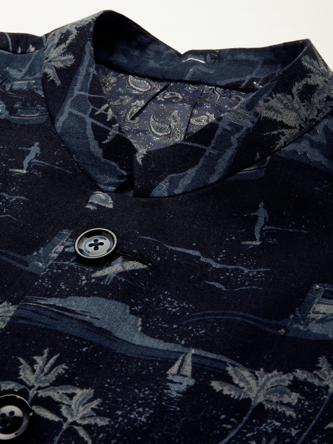 SHOWOFF Men's Mandarin Collar Navy Blue Printed Blazer
