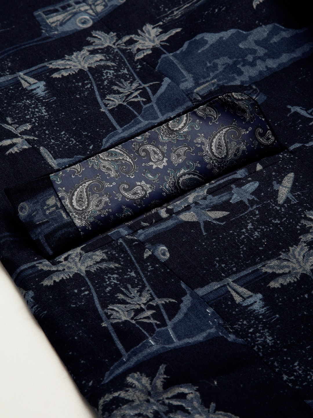 SHOWOFF Men's Mandarin Collar Navy Blue Printed Blazer