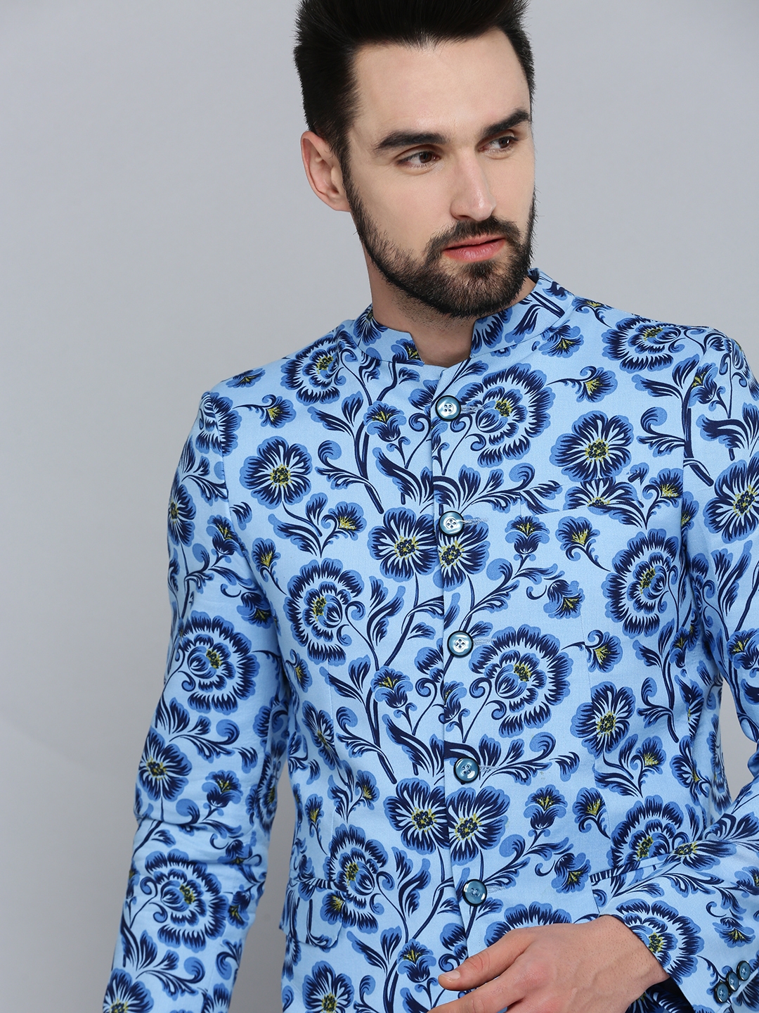 Showoff | SHOWOFF Men Blue Printed  Mandarin Collar Full Sleeves Open Front Blazer 0