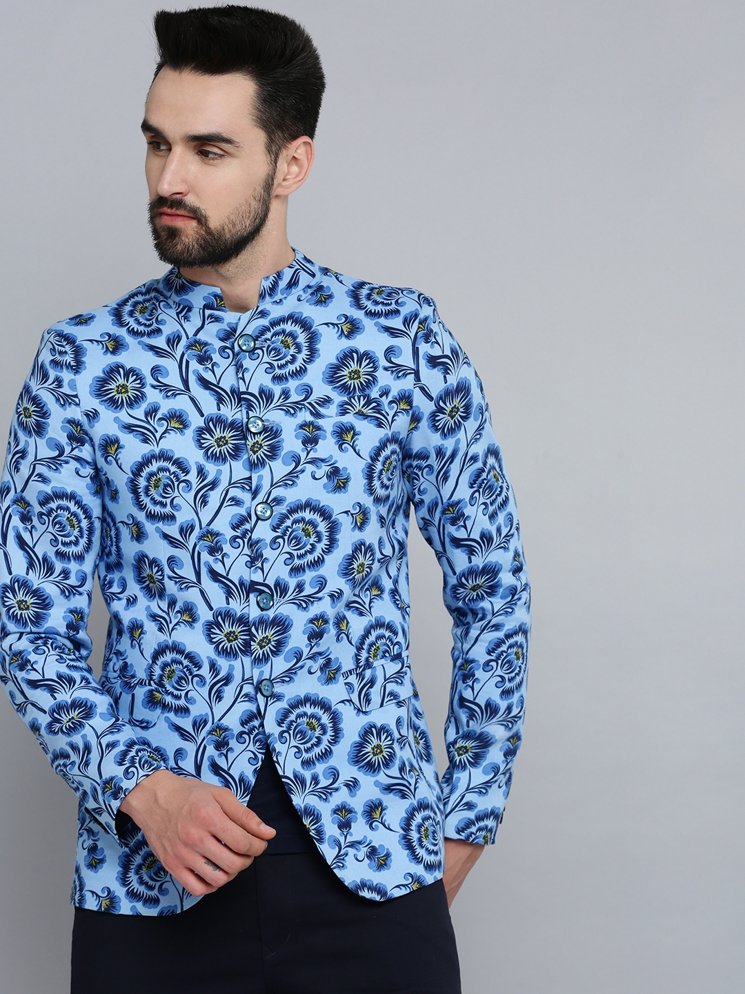 Showoff | SHOWOFF Men Blue Printed  Mandarin Collar Full Sleeves Open Front Blazer 1