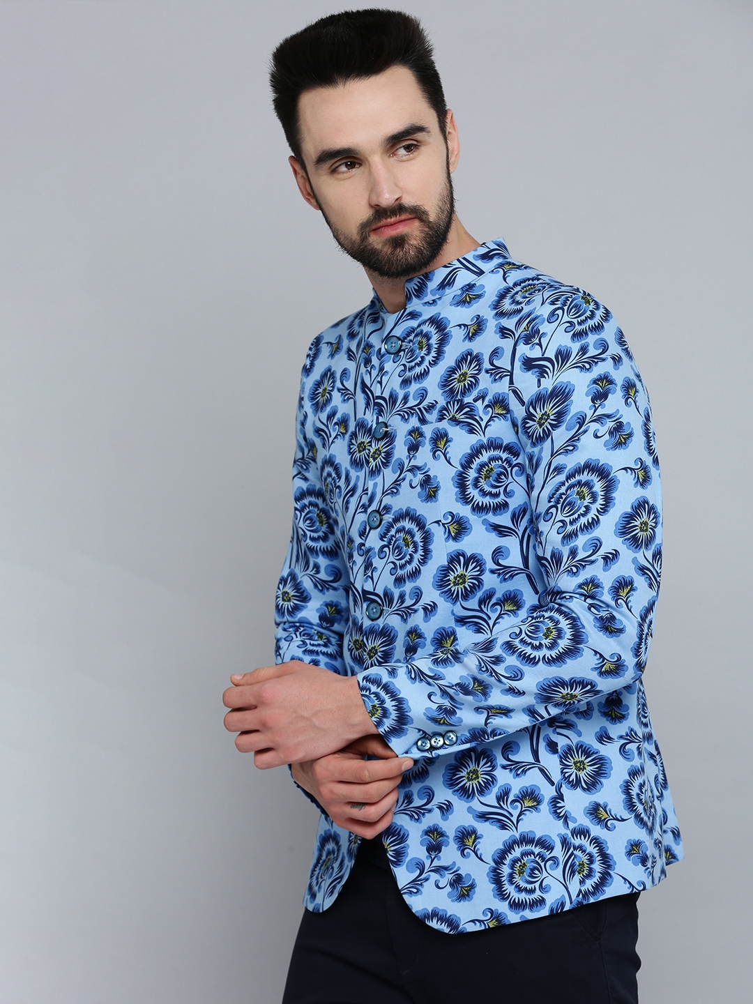 Showoff | SHOWOFF Men Blue Printed  Mandarin Collar Full Sleeves Open Front Blazer 2
