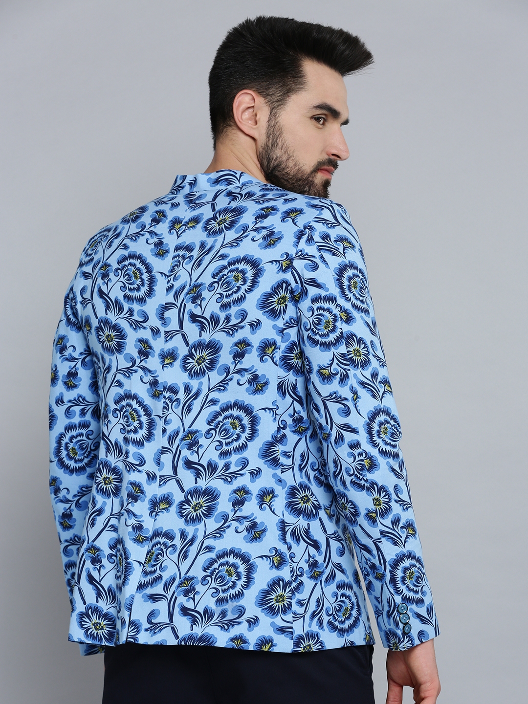 Showoff | SHOWOFF Men Blue Printed  Mandarin Collar Full Sleeves Open Front Blazer 3