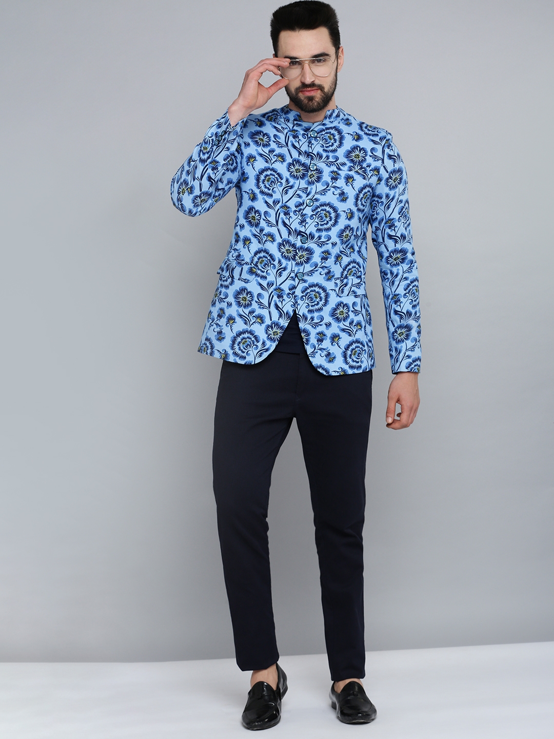 Showoff | SHOWOFF Men Blue Printed  Mandarin Collar Full Sleeves Open Front Blazer 4
