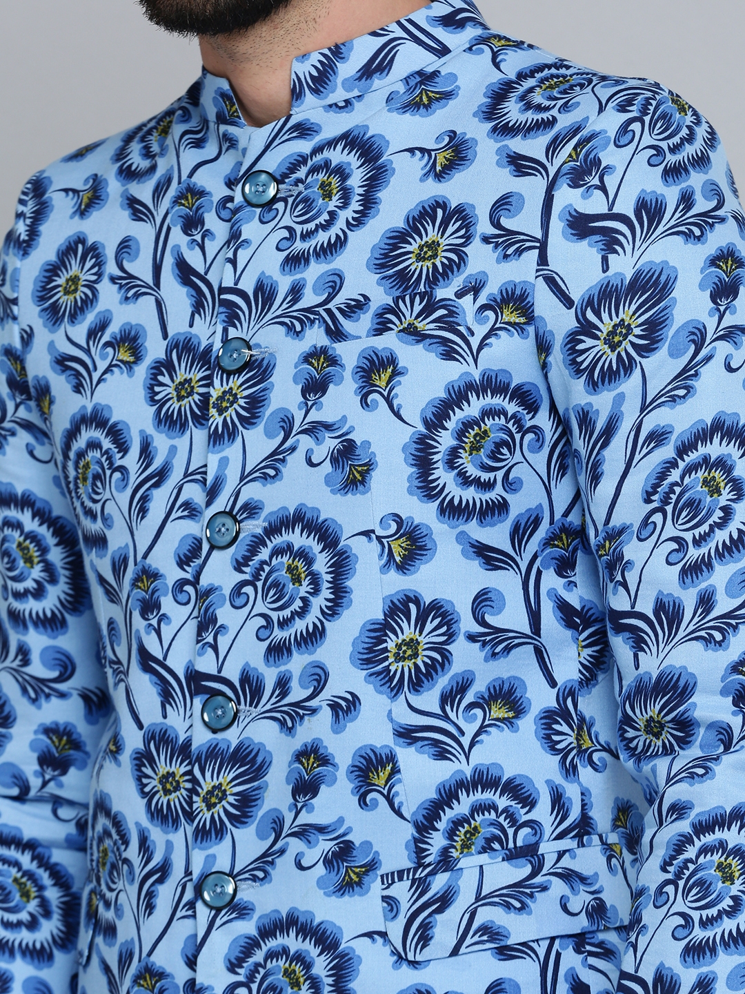 Showoff | SHOWOFF Men Blue Printed  Mandarin Collar Full Sleeves Open Front Blazer 5