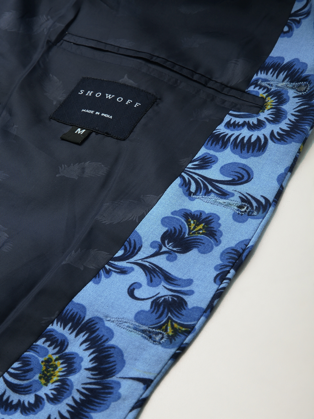 Showoff | SHOWOFF Men Blue Printed  Mandarin Collar Full Sleeves Open Front Blazer 8