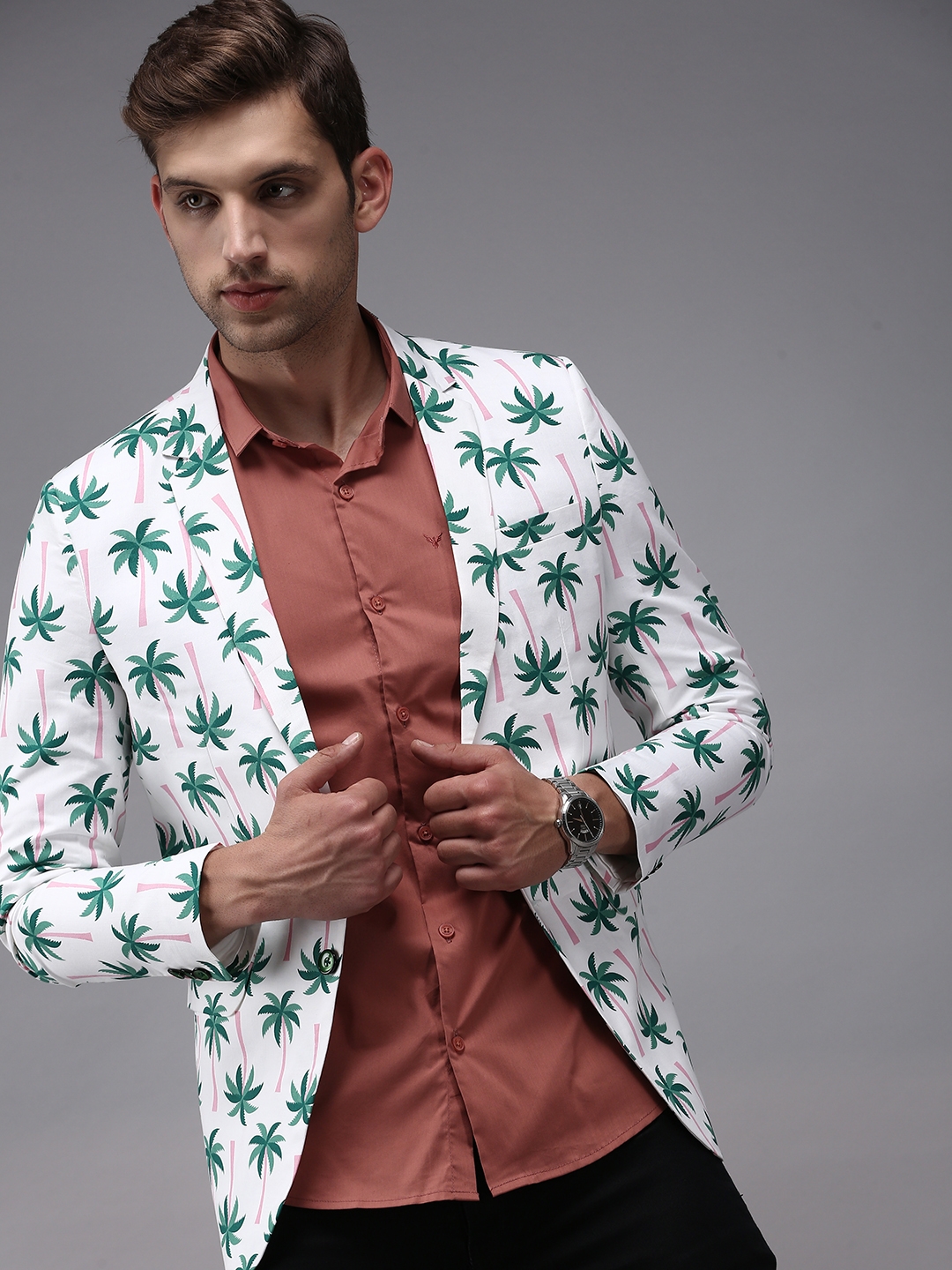 Showoff | SHOWOFF Men White Printed  Mandarin Collar Full Sleeves Open Front Blazer 0