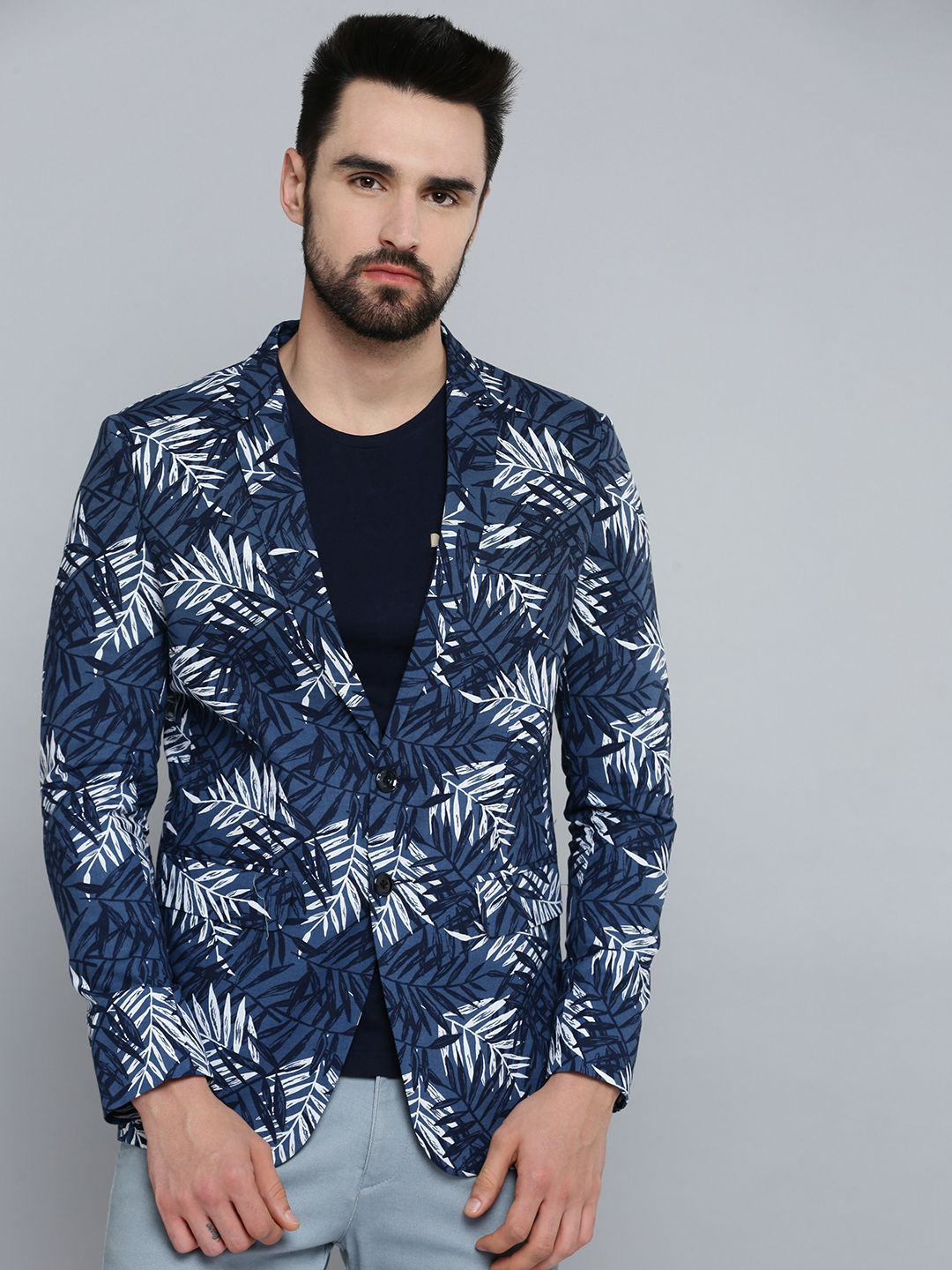 SHOWOFF Men Navy Blue Printed Mandarin Collar Full Sleeves Open Front Blazer