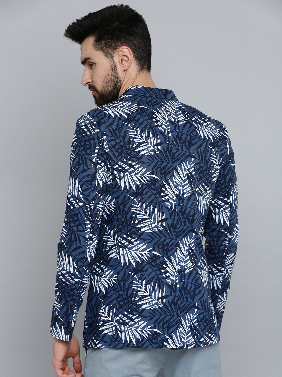 SHOWOFF Men Navy Blue Printed  Mandarin Collar Full Sleeves Open Front Blazer