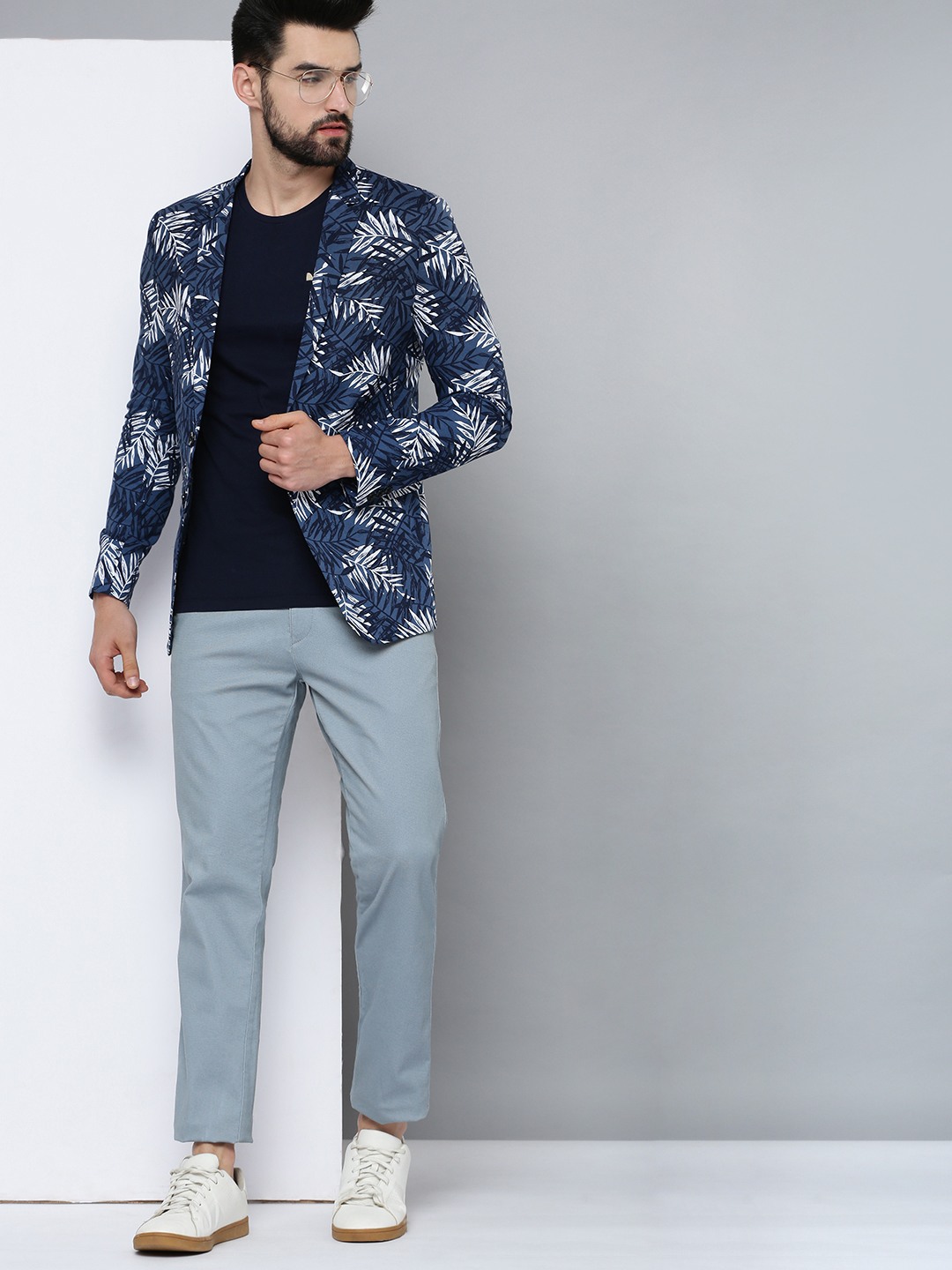 SHOWOFF Men Navy Blue Printed  Mandarin Collar Full Sleeves Open Front Blazer