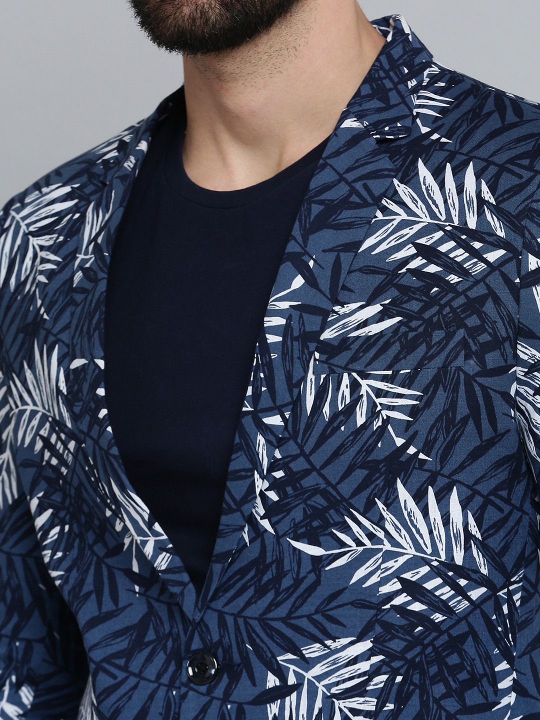 SHOWOFF Men Navy Blue Printed  Mandarin Collar Full Sleeves Open Front Blazer