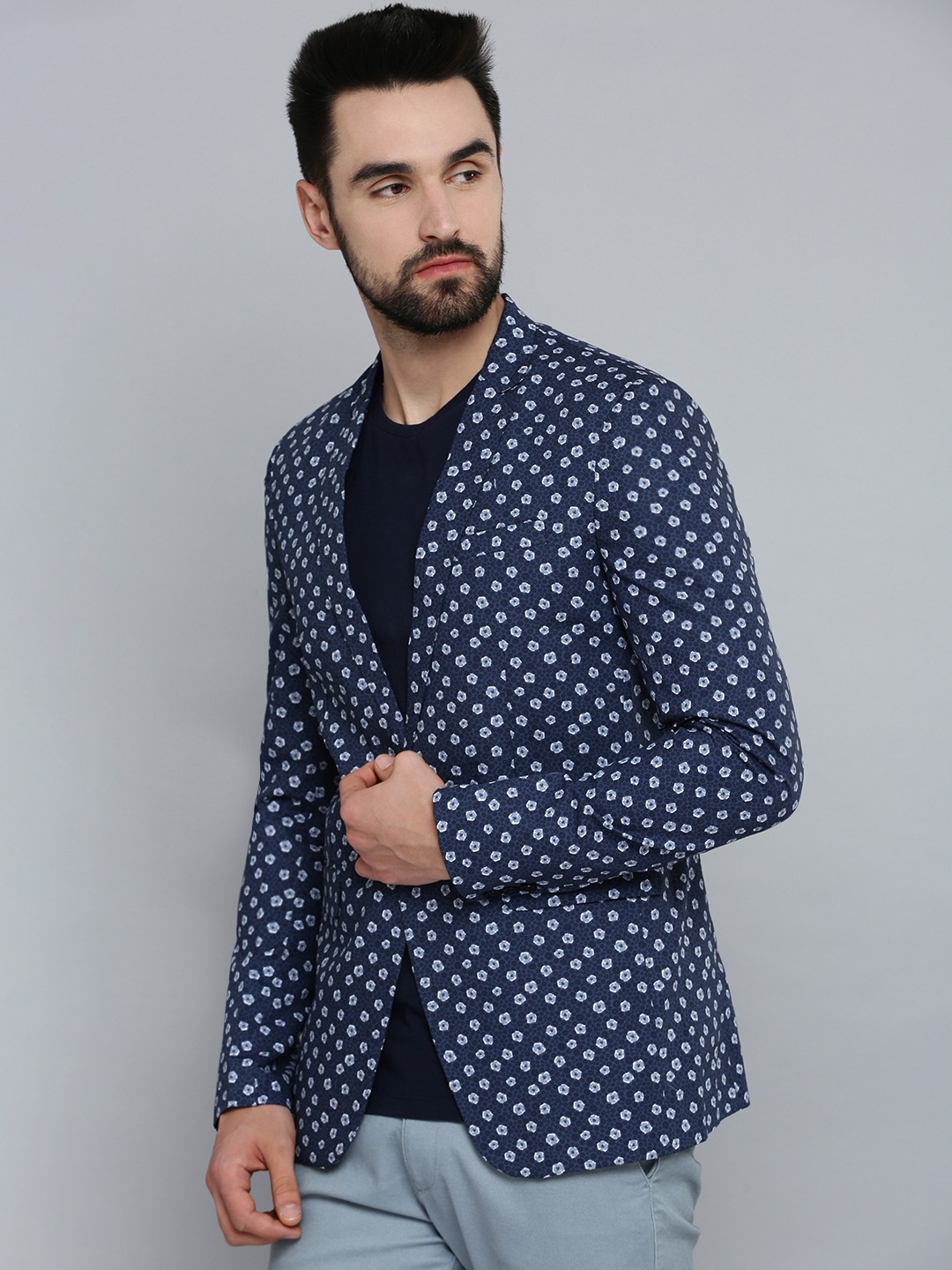 SHOWOFF Men Navy Blue Printed  Mandarin Collar Full Sleeves Open Front Blazer