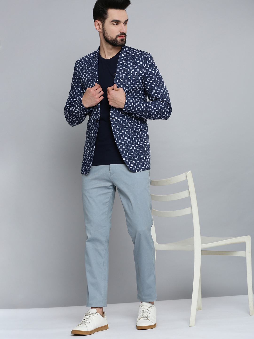 SHOWOFF Men Navy Blue Printed  Mandarin Collar Full Sleeves Open Front Blazer