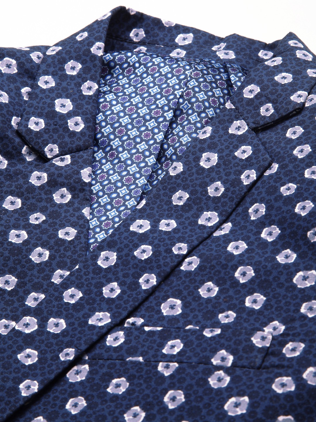 SHOWOFF Men Navy Blue Printed  Mandarin Collar Full Sleeves Open Front Blazer