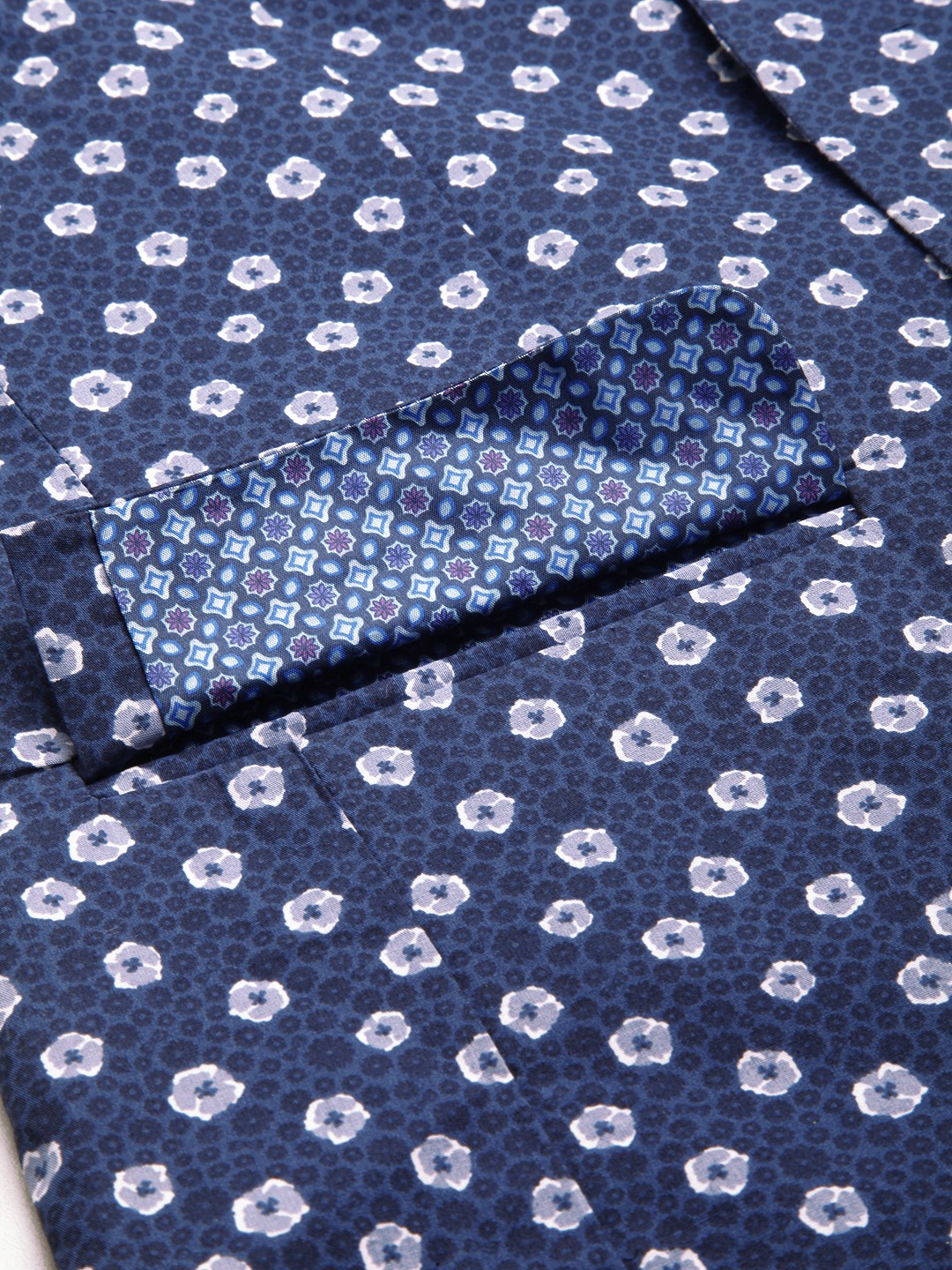 SHOWOFF Men Navy Blue Printed  Mandarin Collar Full Sleeves Open Front Blazer