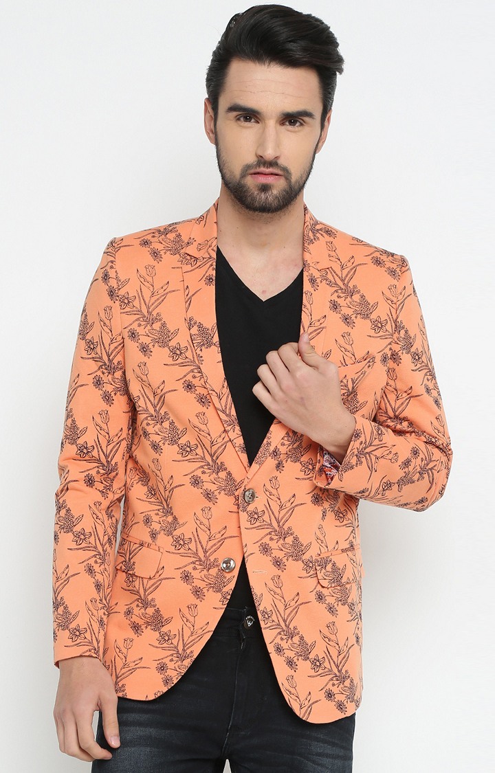 SHOWOFF Men Orange Floral Notched Lapel Full Sleeves Slim Fit Blazer