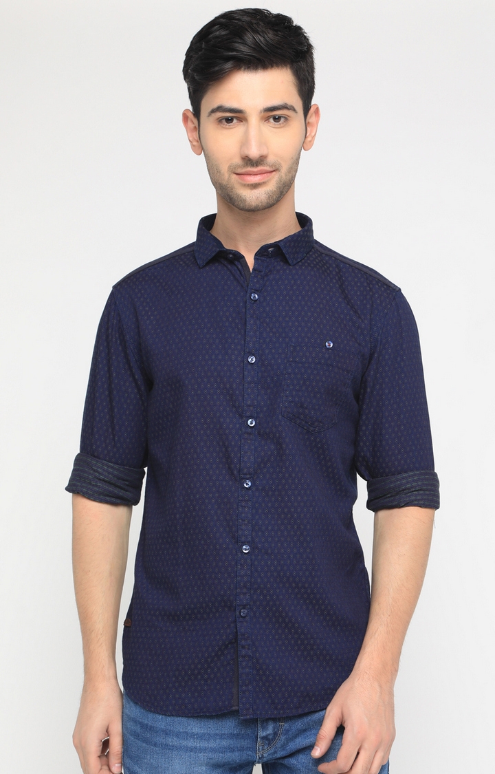 Showoff | SHOWOFF Men's Full Sleeve Slim Fit Self Design Navy Blue Casual Shirt 0