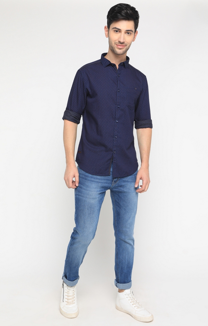 Showoff | SHOWOFF Men's Full Sleeve Slim Fit Self Design Navy Blue Casual Shirt 1