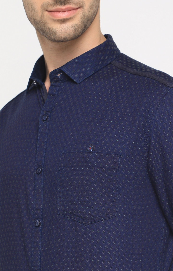Showoff | SHOWOFF Men's Full Sleeve Slim Fit Self Design Navy Blue Casual Shirt 4