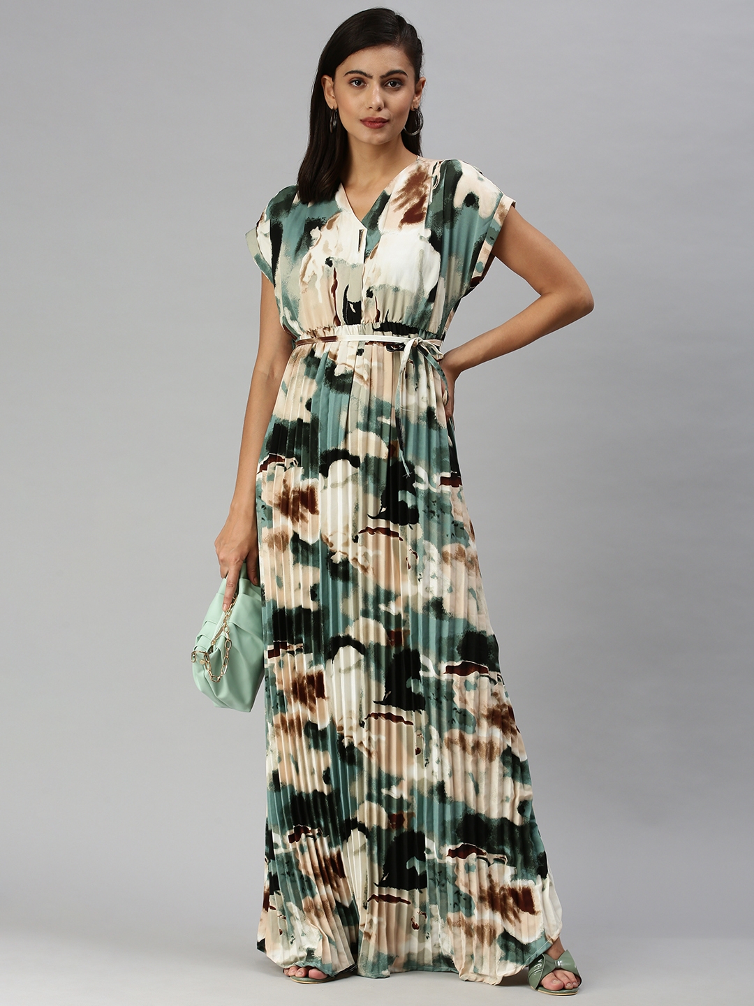 Showoff | SHOWOFF Women Multi Printed V Neck Short Sleeves Maxi Dress 4