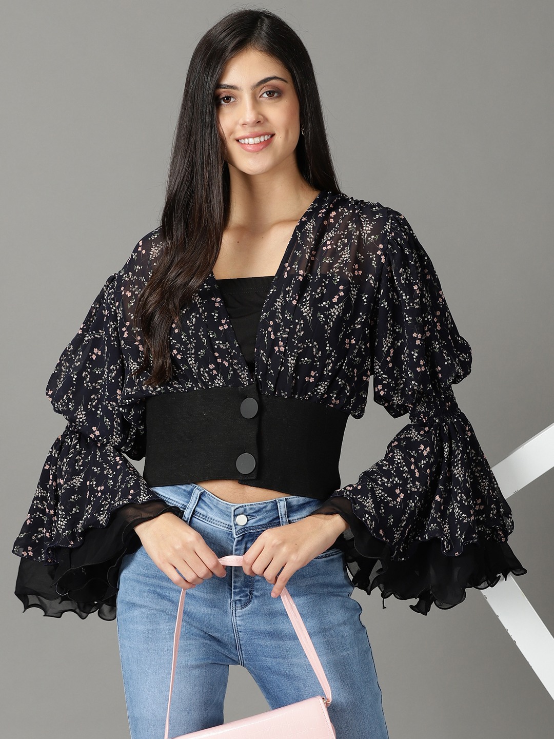 SHOWOFF Women Navy Blue Printed V Neck Full Sleeves Regular Top