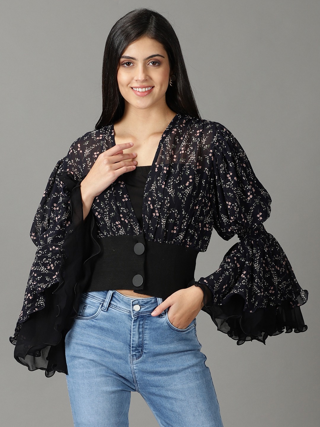 Showoff | SHOWOFF Women Navy Blue Printed V Neck Full Sleeves Regular Top 1