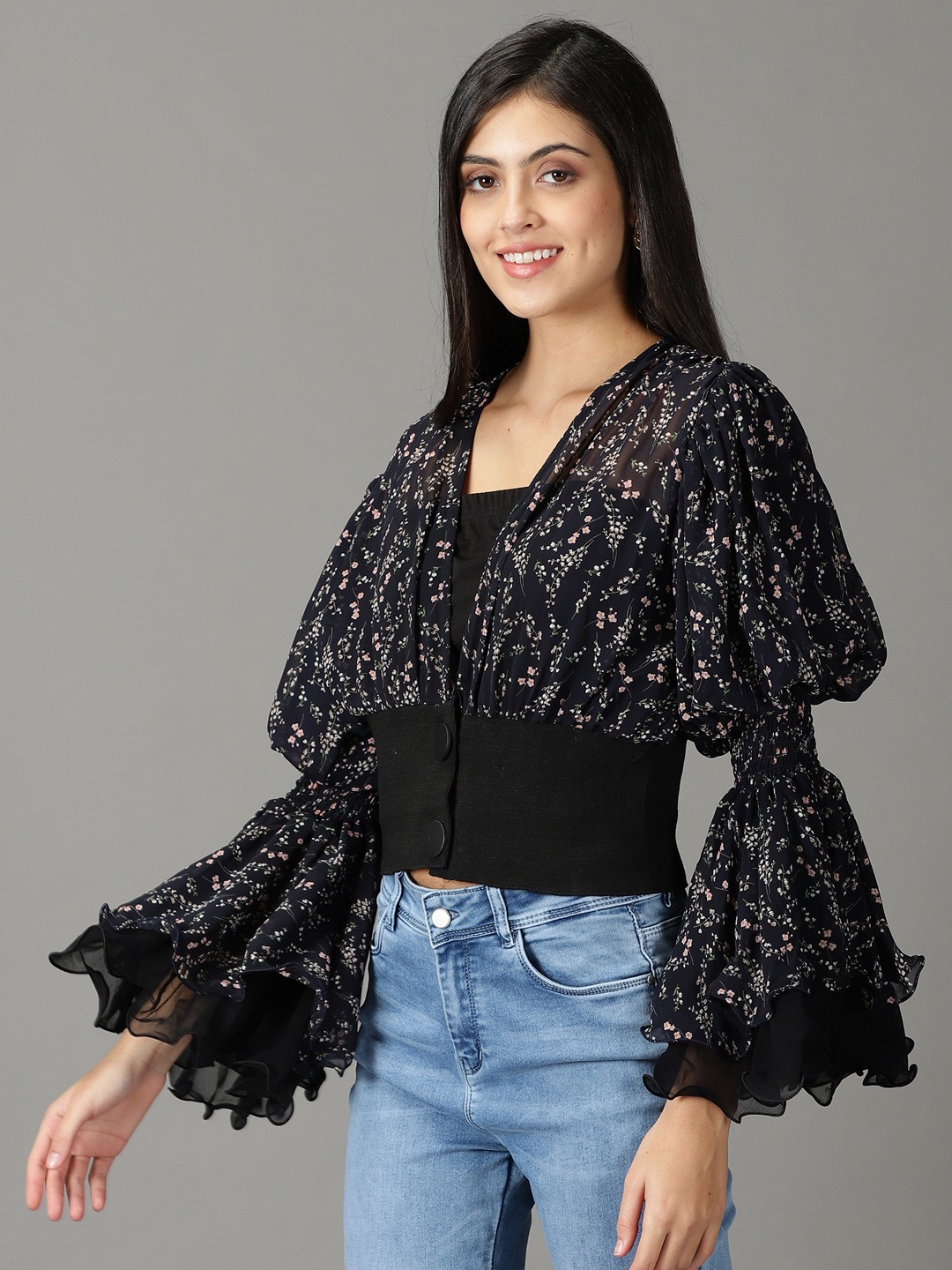 SHOWOFF Women Navy Blue Printed V Neck Full Sleeves Regular Top