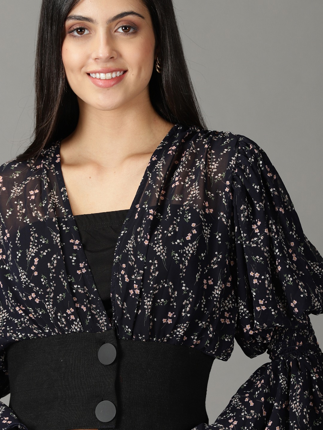 Showoff | SHOWOFF Women Navy Blue Printed V Neck Full Sleeves Regular Top 5