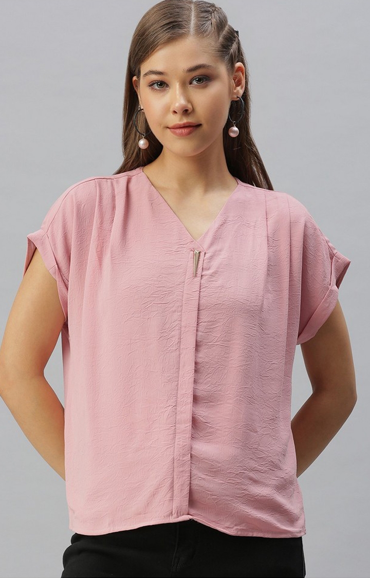Showoff | SHOWOFF Women Pink Solid V Neck Short Sleeves Regular Boxy Top 0