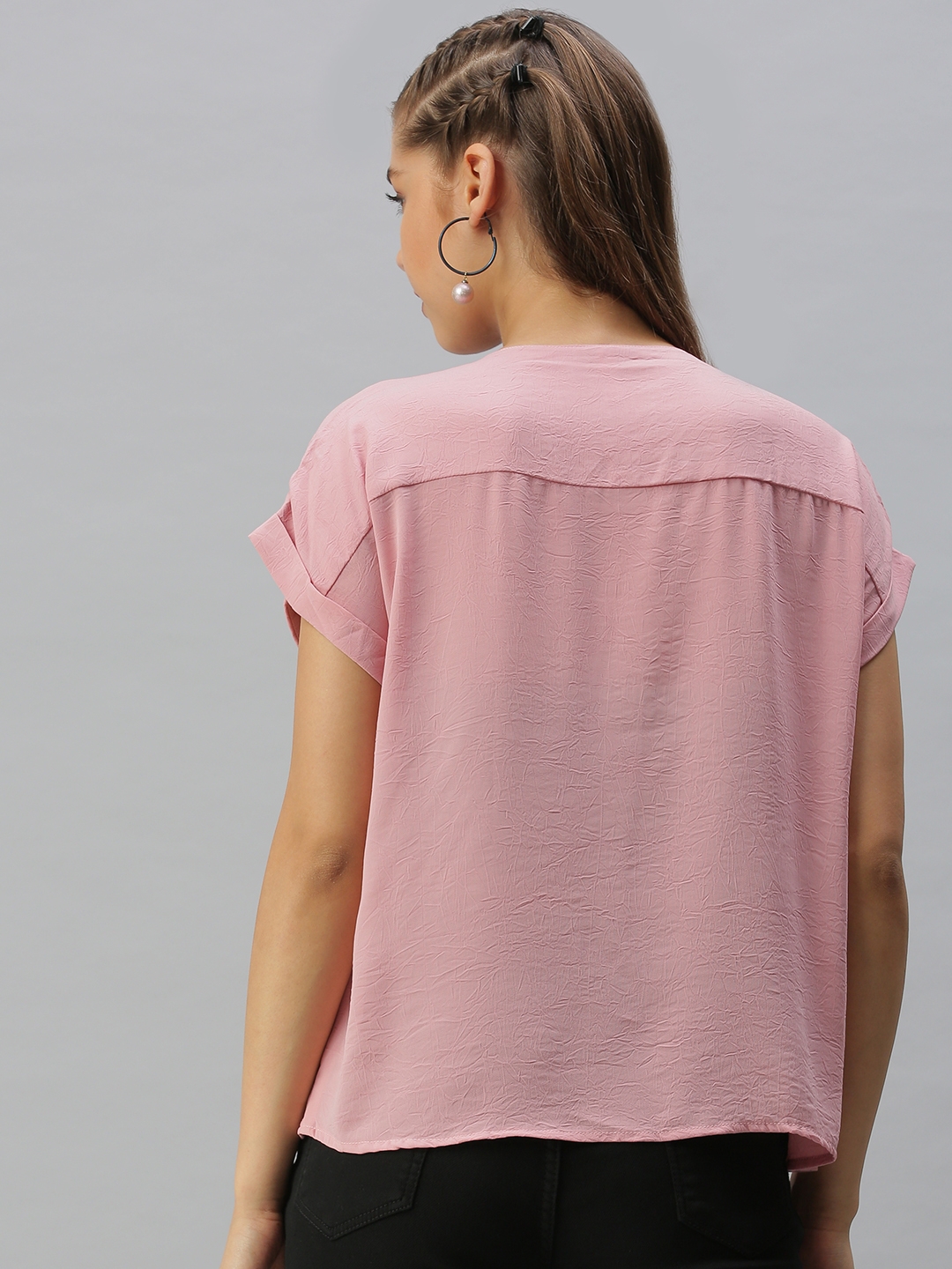 Showoff | SHOWOFF Women Pink Solid V Neck Short Sleeves Regular Boxy Top 3