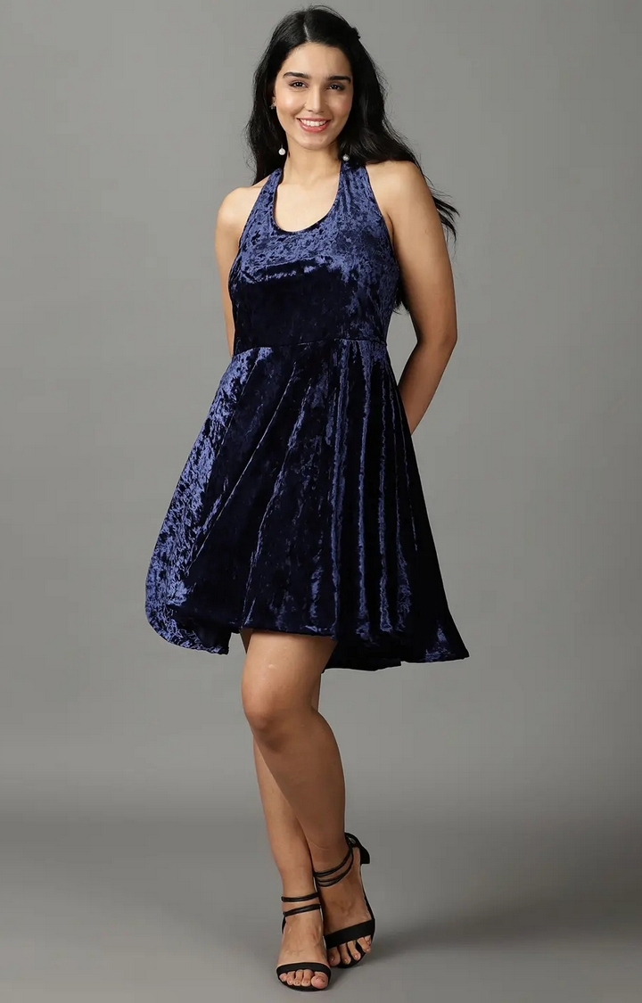 Showoff | SHOWOFF Women Navy Blue Self Design Halter Neck Sleeveless Knee length Fit and Flare Dress 0