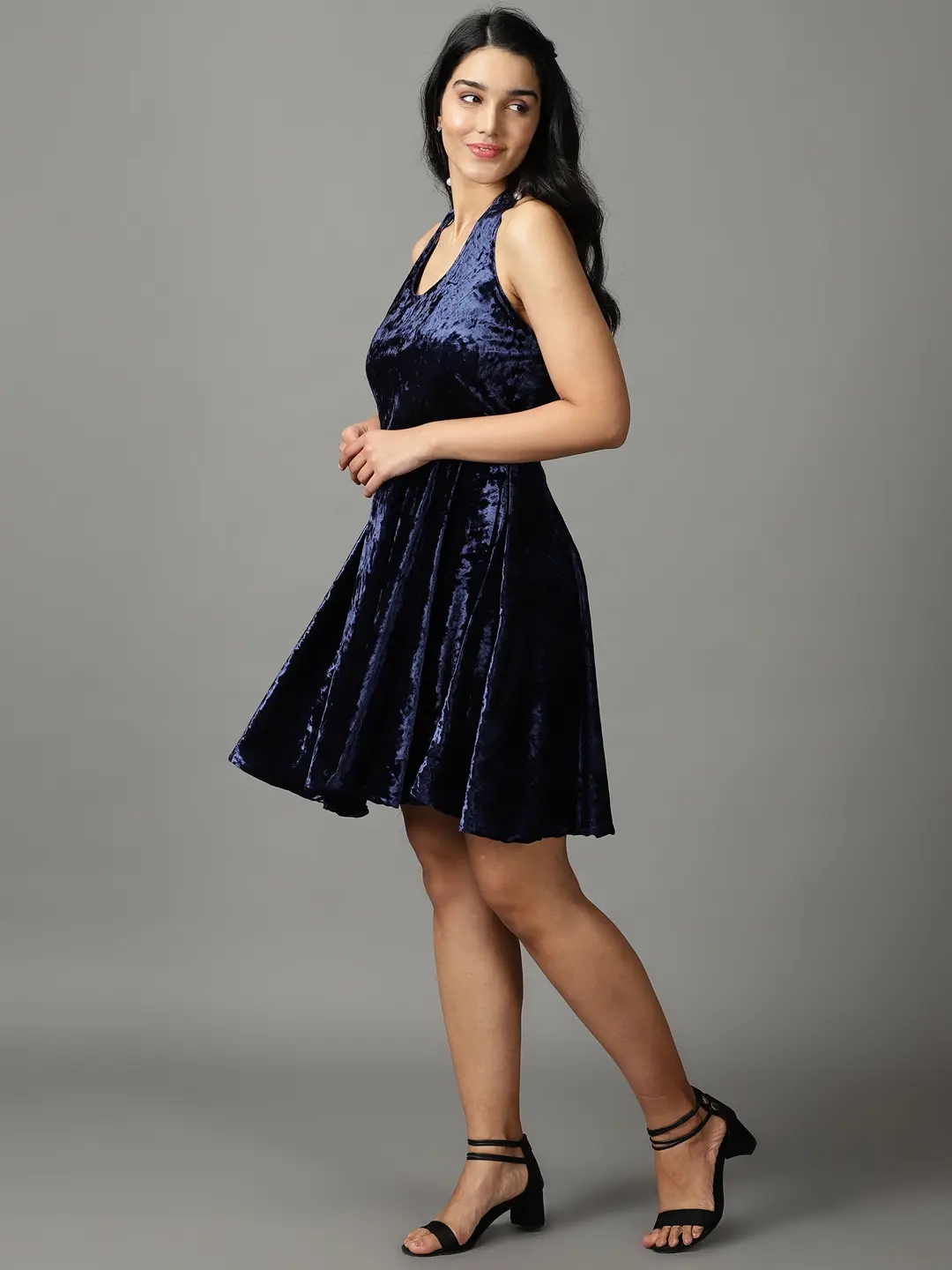 Showoff | SHOWOFF Women Navy Blue Self Design Halter Neck Sleeveless Knee length Fit and Flare Dress 2