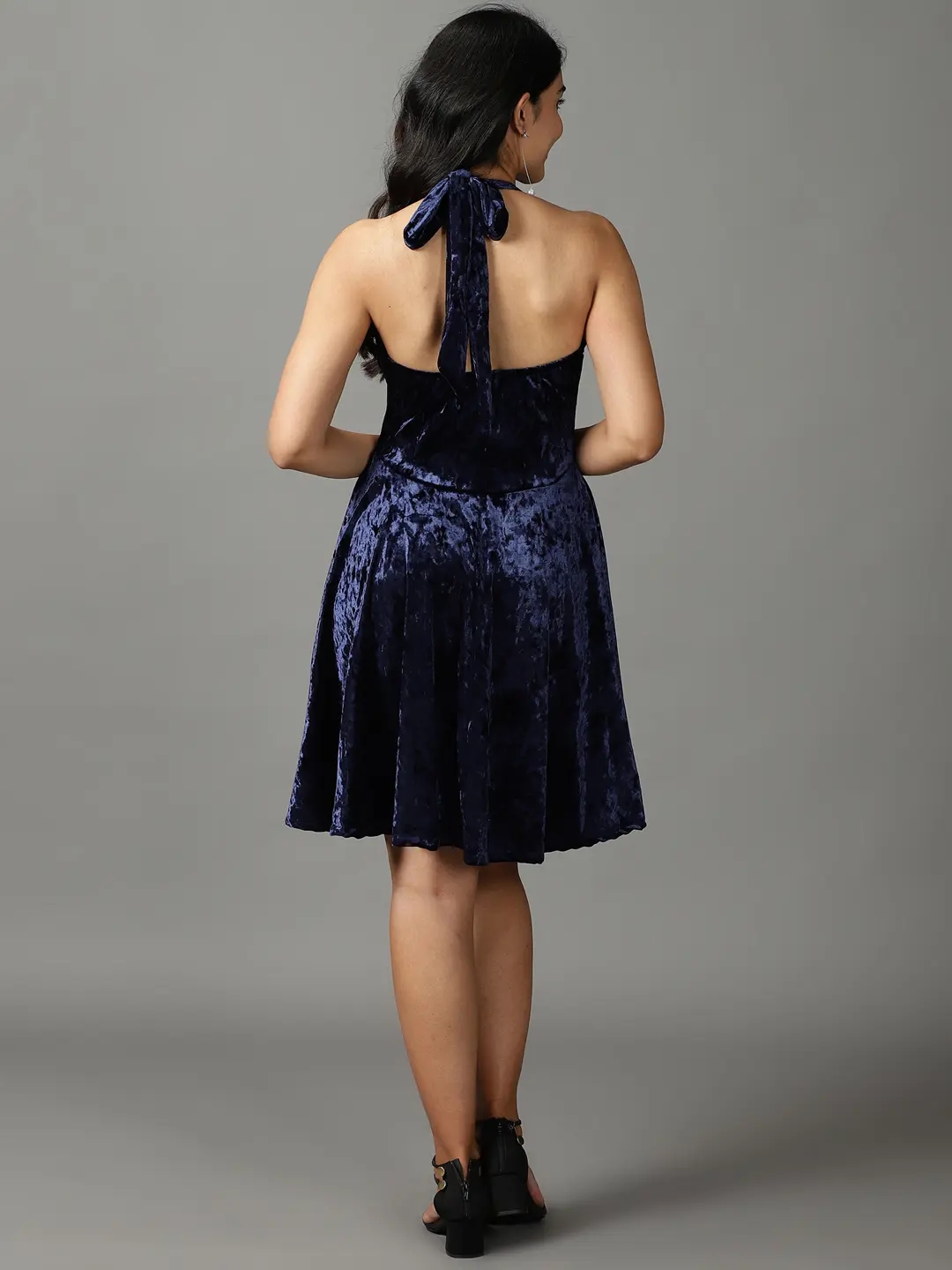 Showoff | SHOWOFF Women Navy Blue Self Design Halter Neck Sleeveless Knee length Fit and Flare Dress 3