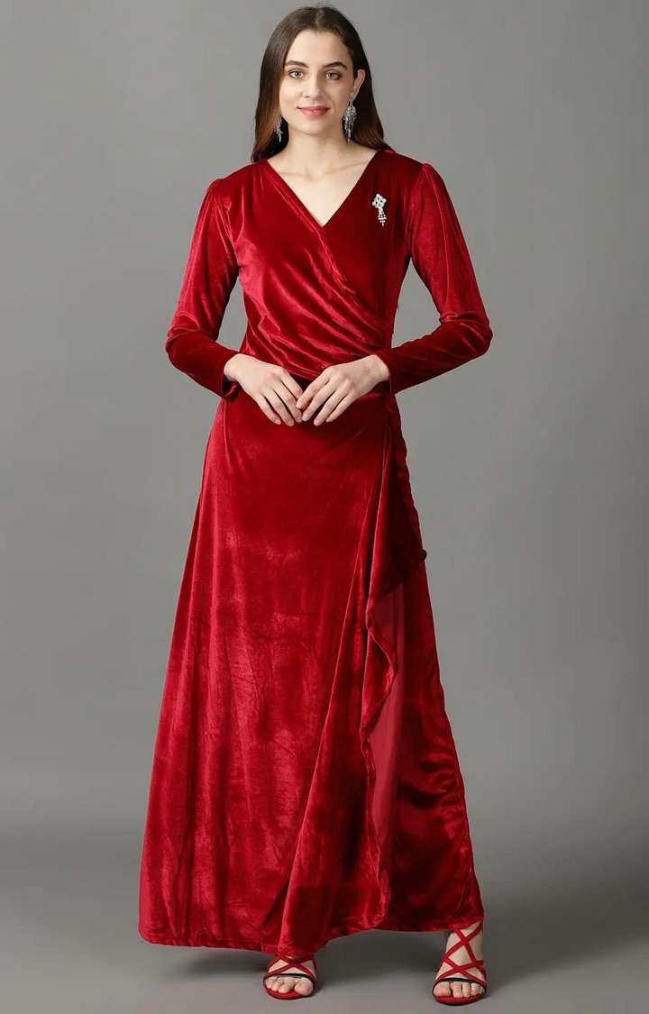 SHOWOFF Women Red Solid V Neck Full Sleeves Maxi Wrap Dress