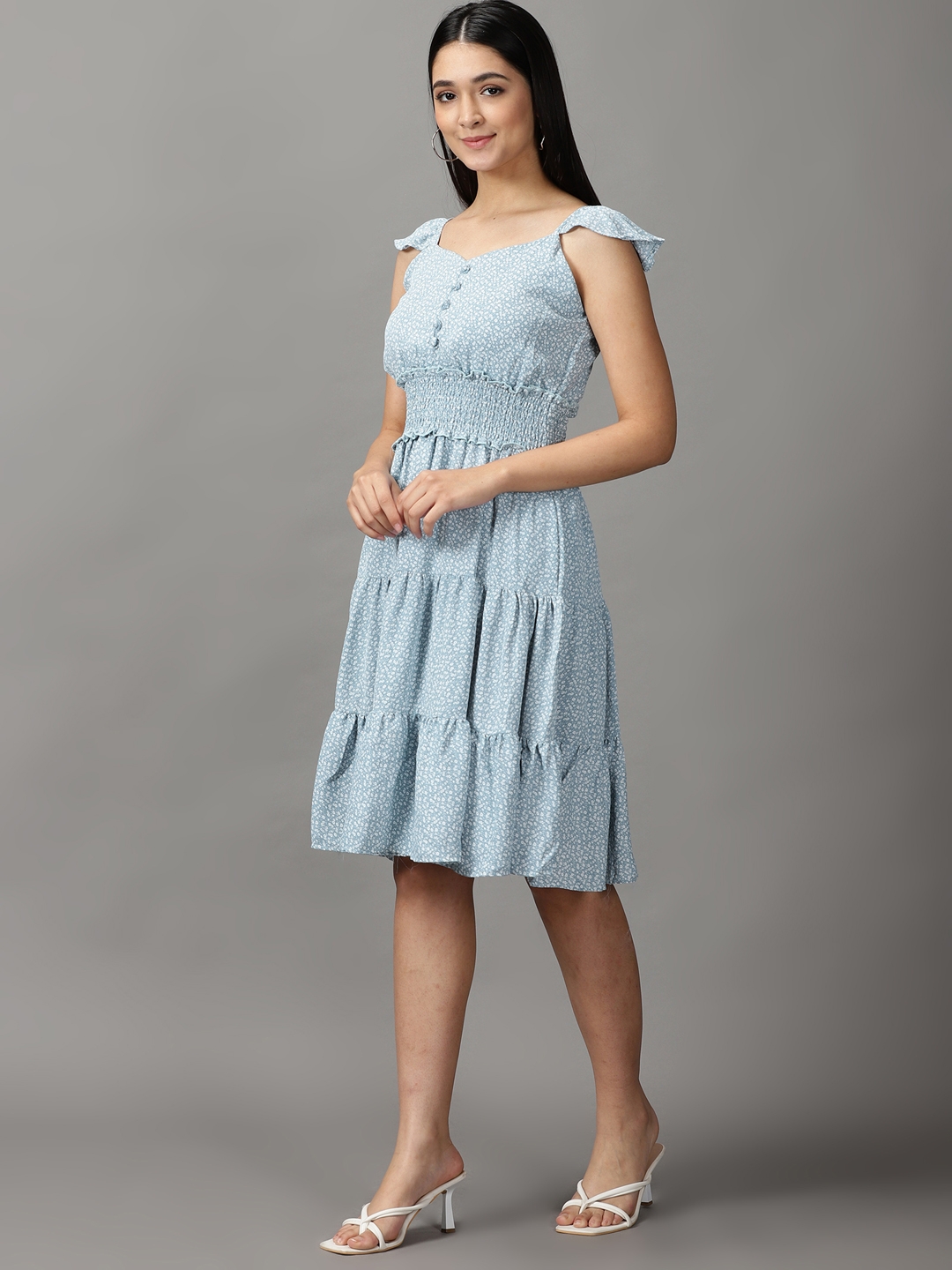 Showoff | SHOWOFF Women Blue Printed Shoulder Straps Sleeveless Above Knee Fit and Flare Dress 2
