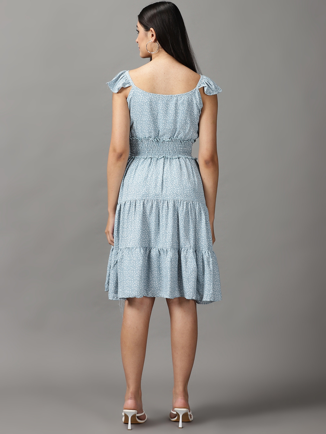 Showoff | SHOWOFF Women Blue Printed Shoulder Straps Sleeveless Above Knee Fit and Flare Dress 3
