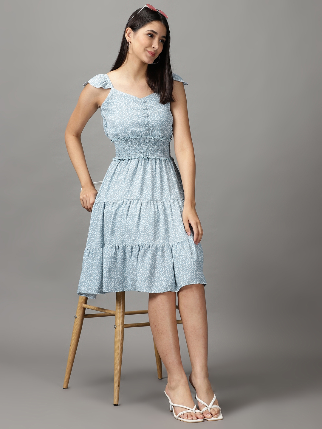 Showoff | SHOWOFF Women Blue Printed Shoulder Straps Sleeveless Above Knee Fit and Flare Dress 4