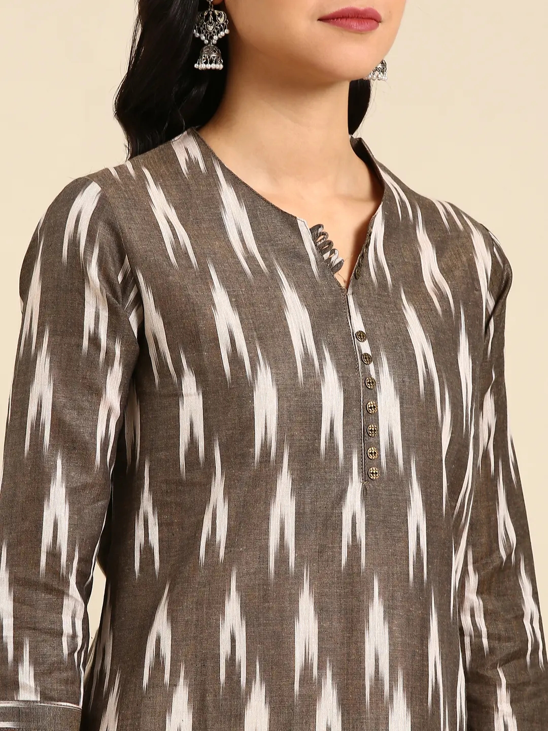 Showoff | SHOWOFF Women's Mandarin Collar Abstract Taupe Straight Kurta 5