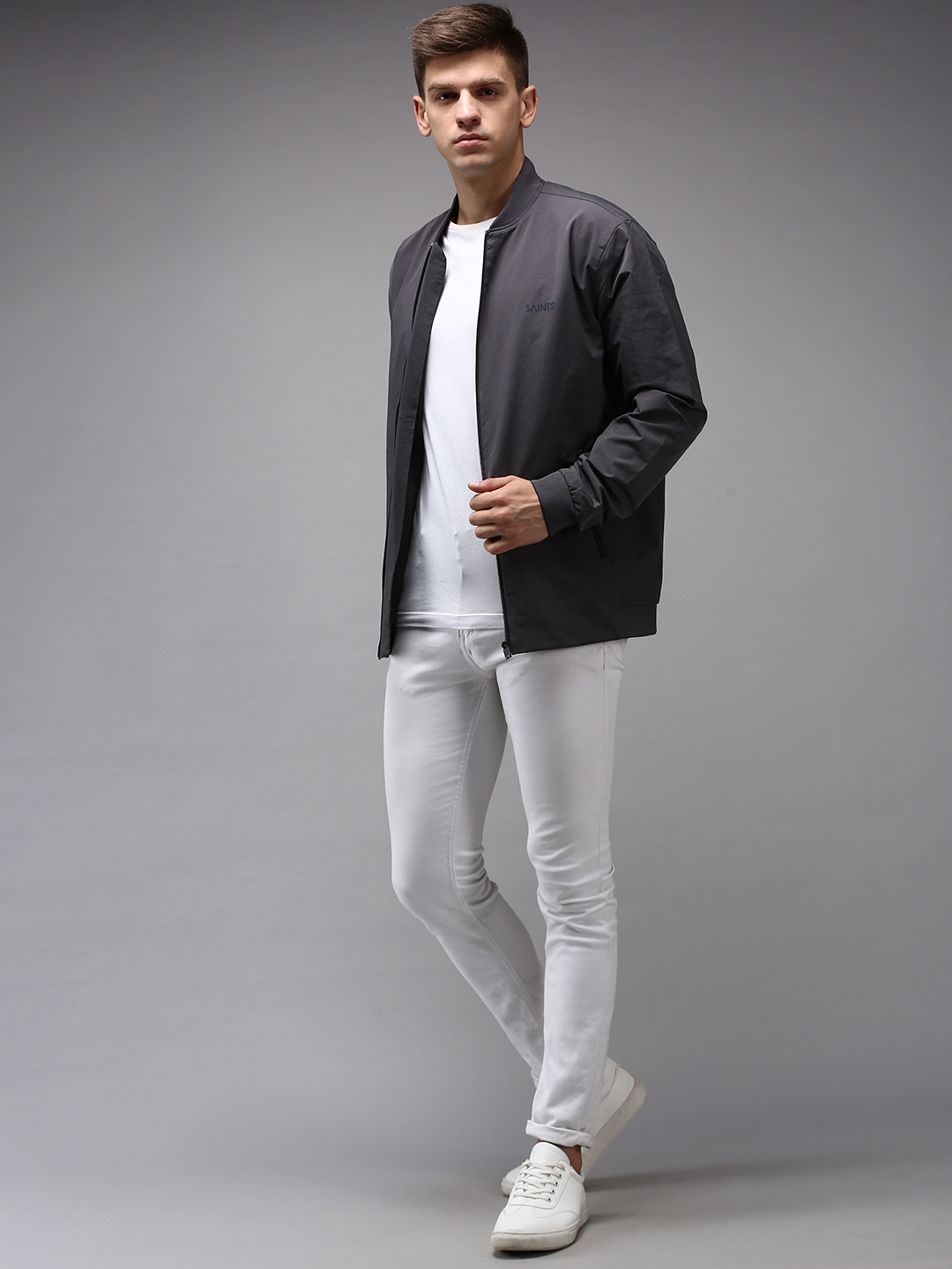 Showoff | SHOWOFF Men Grey Solid  Mandarin Collar Full Sleeves Padded Jacket 4