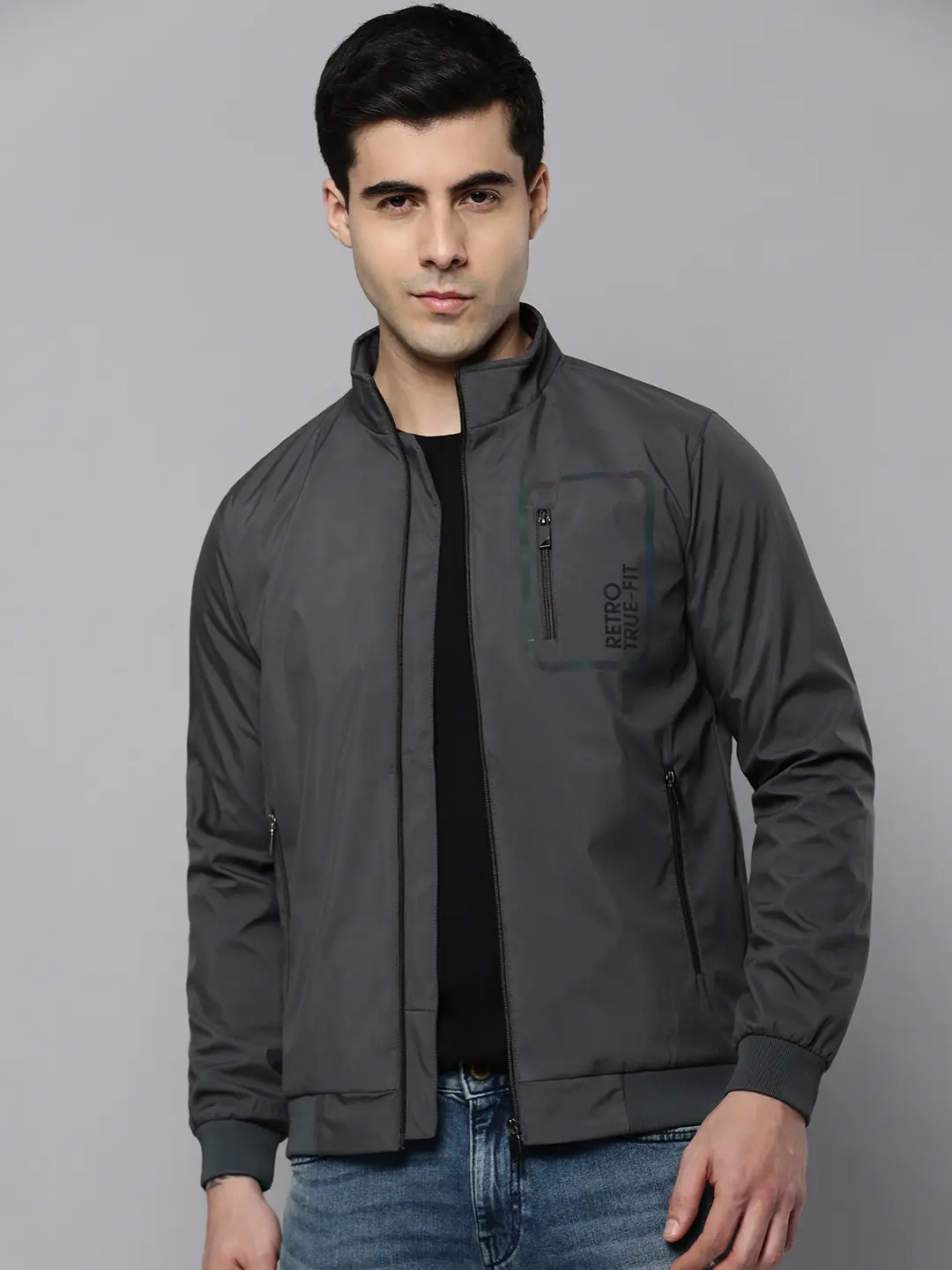 Showoff | SHOWOFF Men Grey Solid Mandarin Collar Full Sleeves Open Front Jacket 1