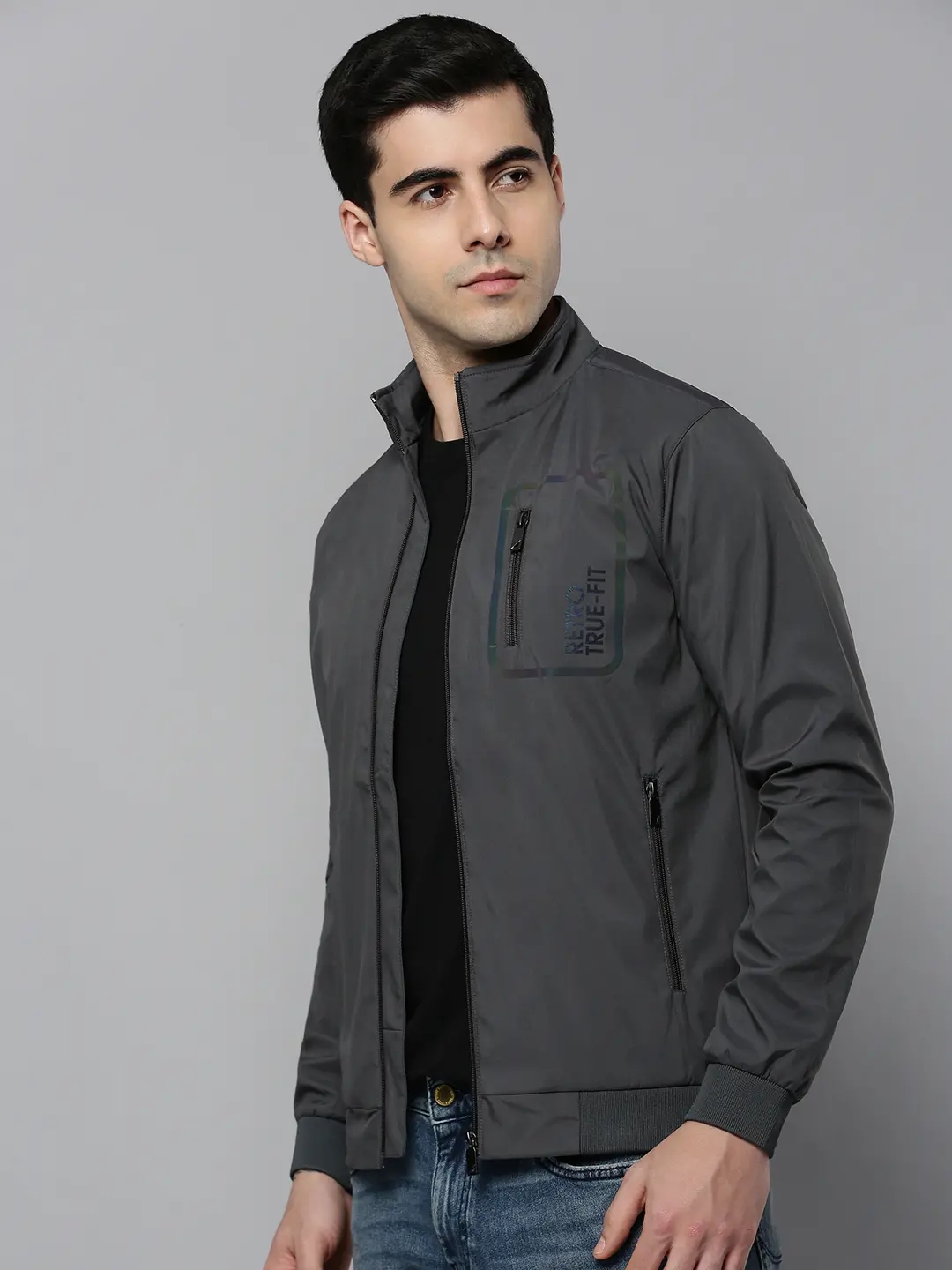 Showoff | SHOWOFF Men Grey Solid Mandarin Collar Full Sleeves Open Front Jacket 2