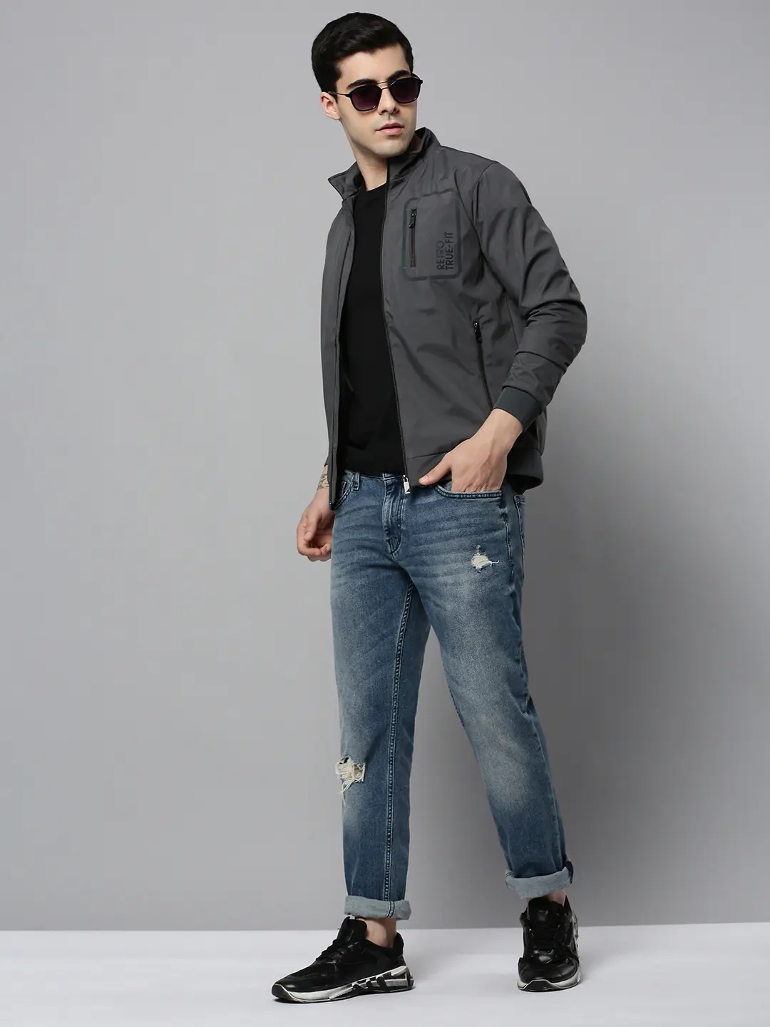Showoff | SHOWOFF Men Grey Solid Mandarin Collar Full Sleeves Open Front Jacket 4