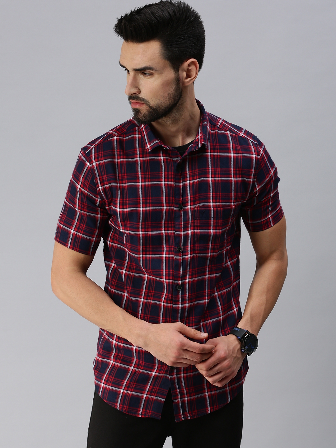 Showoff | SHOWOFF Men Red Checked Classic Collar Short Sleeves Slim Fit Casual Shirt 1