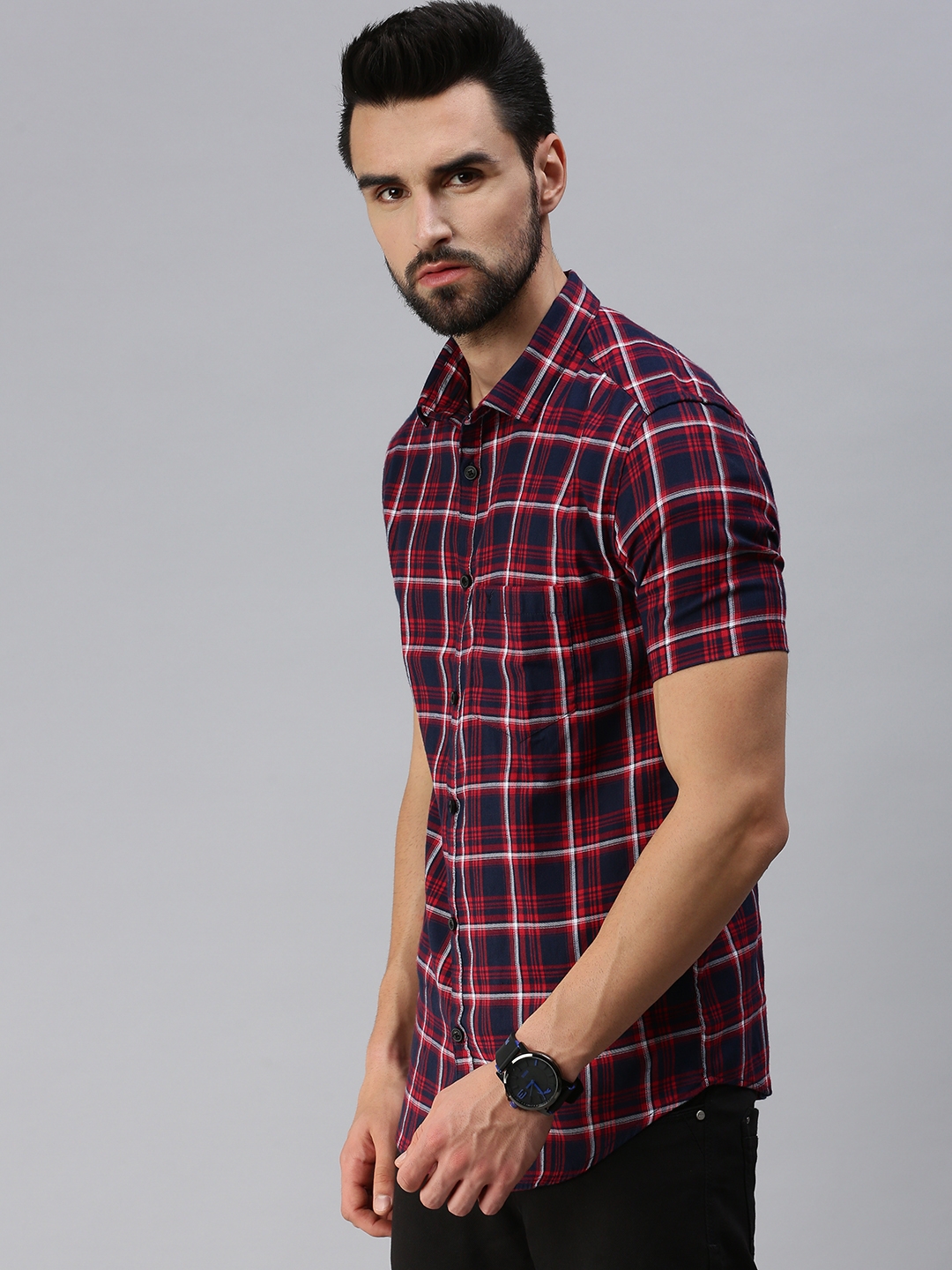 Showoff | SHOWOFF Men Red Checked Classic Collar Short Sleeves Slim Fit Casual Shirt 2