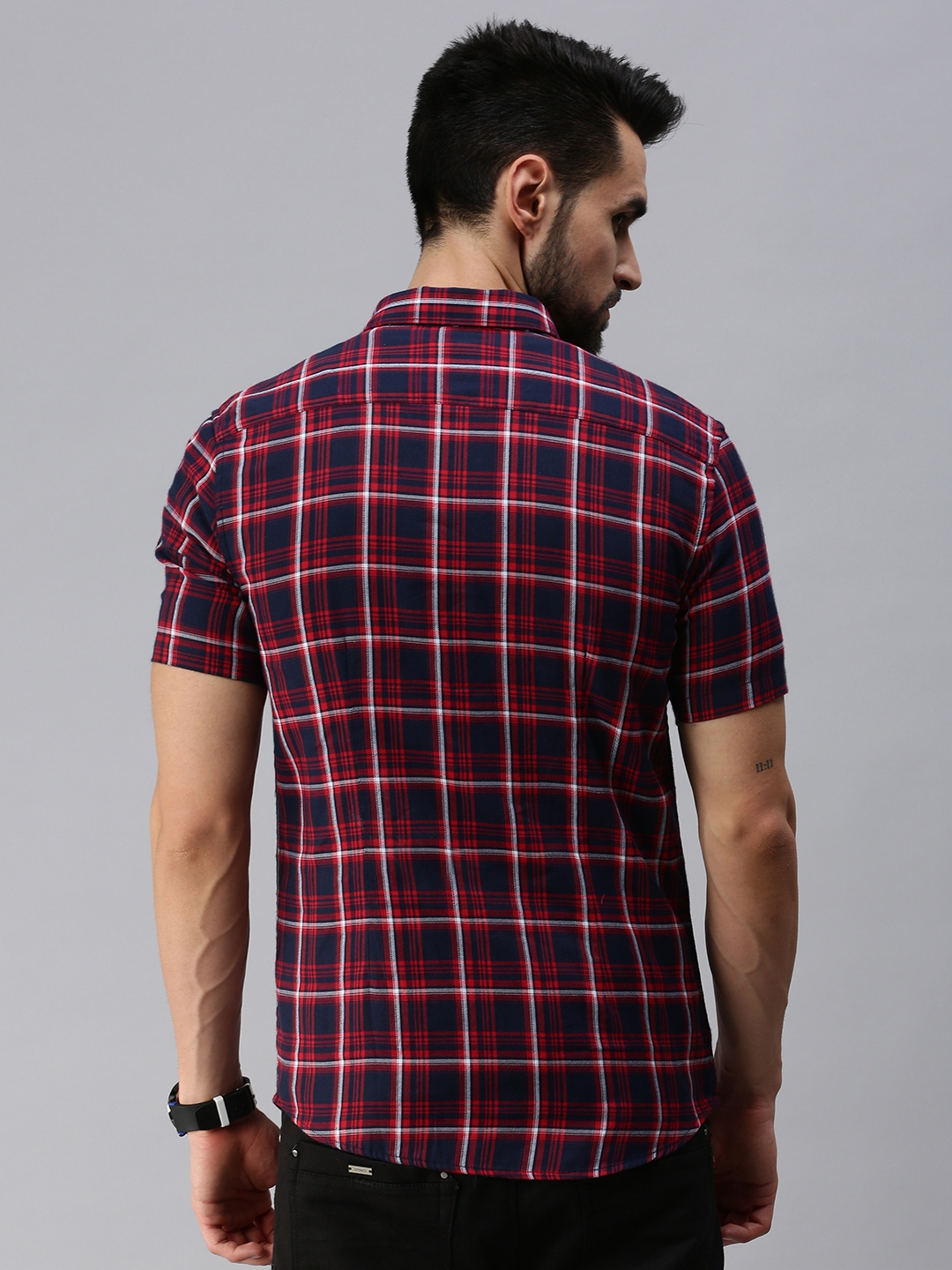 Showoff | SHOWOFF Men Red Checked Classic Collar Short Sleeves Slim Fit Casual Shirt 3